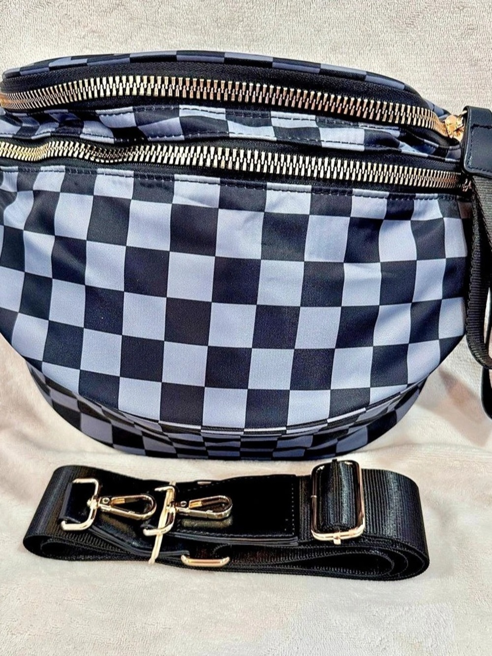 New Gray Checkered Crossbody Bum Bag w/ long strap size inclusive